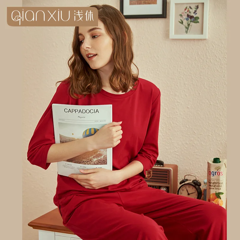 Фото Осень 2019 женские пижамные комплекты простой Однотонный женский комплект из двух