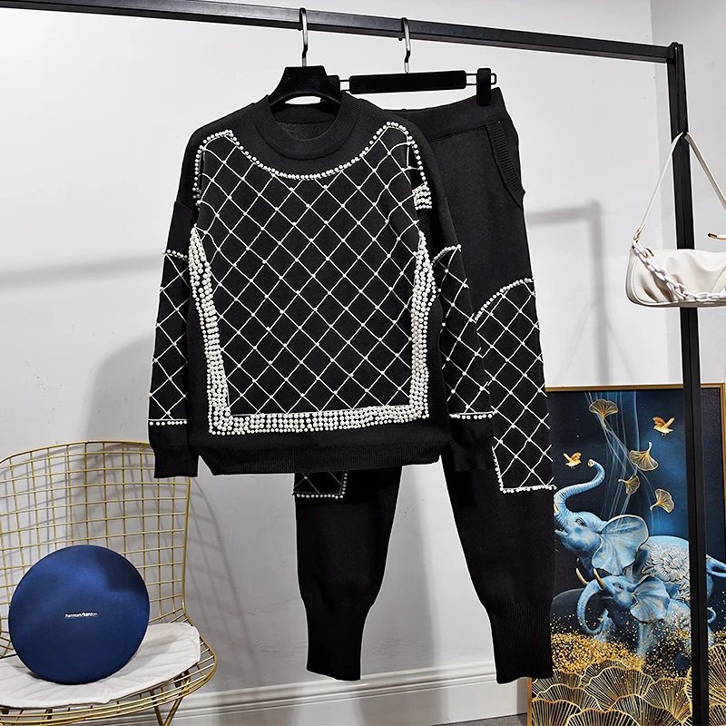 Black Knitted Tracksuits Women Set Handwork Pearl Pullover Sweater Pencil Pants Two Piece Outfits Loose Casual Knit 2pc Female
Black Knitted Tracksuits Women Set Handwork Pearl Pullover Sweater Pencil Pants Two Piece Outfits Loose Casual Knit 2pc Female