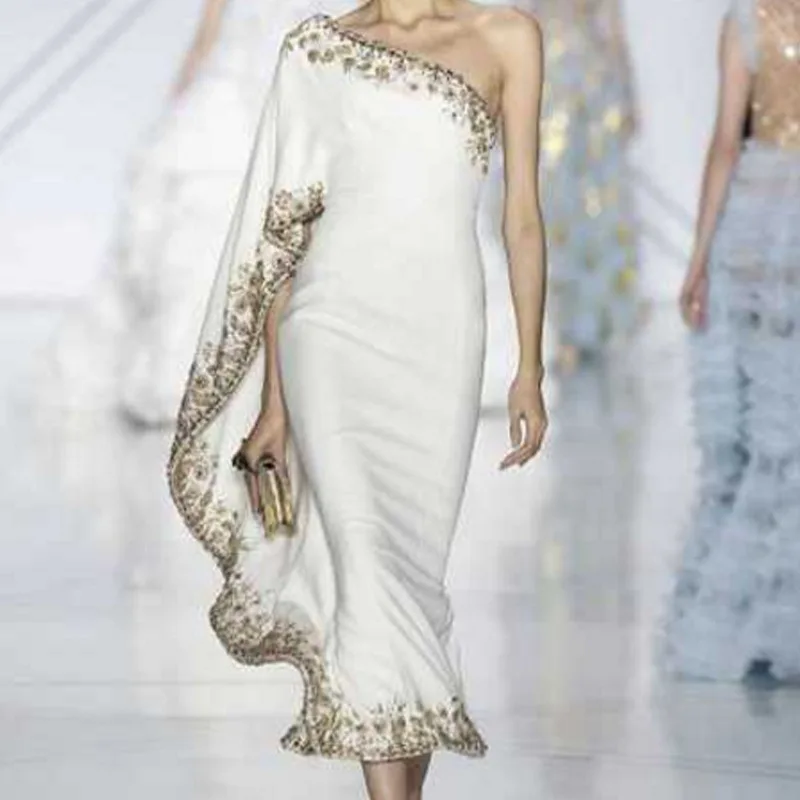 Фото Белое Женское платье на одно плечо длиной до щиколотки в стиле пэчворк | Женская