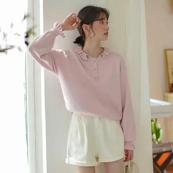 Preppy Style Lapel Long Sleeve Female Knitted Pullovers Tops Spring Sweet Ruffled Women Solid Color Sweater
Preppy Style Lapel Long Sleeve Female Knitted Pullovers Tops Spring Sweet Ruffled Women Solid Color Sweater