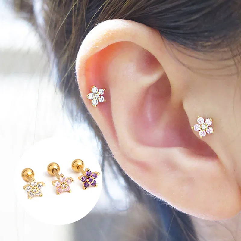 Cartilage Earring Helix piercing,Tiny Flower Helix Earring Stud Triple Set 18 Gauge Stainless steel Crystal Flower