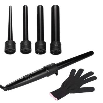 

5-in-1 Hair Curler Curling Wand Set Curling Tongs Curling Iron with 5 Interchangeable Barrels and Heat Resistant Glove - Black(U