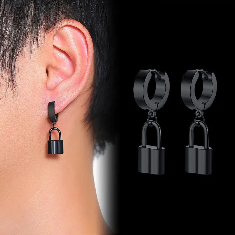 

1 Pair Simple Lock Hoop Drop Earrings for Women Men Punk Personalized Black Stainless Steel Dangle Earrings Jewelry Gifts