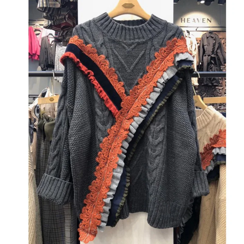 [EWQ] 2020 весенний винтажный лоскутный пуловер с круглым вырезом и оборками вязаный