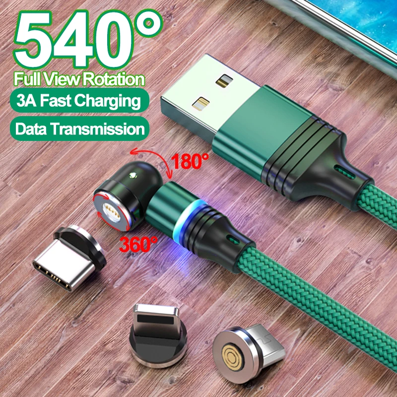 540 Degree Roating Magnetic 3A Micro USB Type C Phone Fast charging Cable For iPhone Samsung Xiaomi Charger cable cord data wire | Мобильные