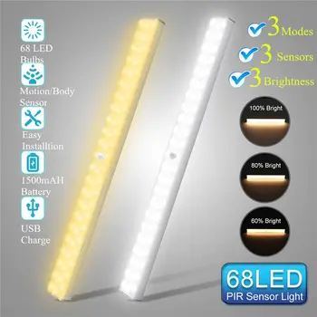 

1500mAh USB Rechargeable 68 LED Under Cabinet Light PIR Motion Sensor Dimmable Closet Night Light for Wardrobe Cupboard Kitchen