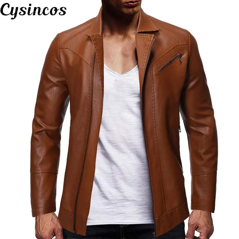 Мужская кожаная куртка на молнии CYSINCOS повседневная теплая с воротником-стойкой и