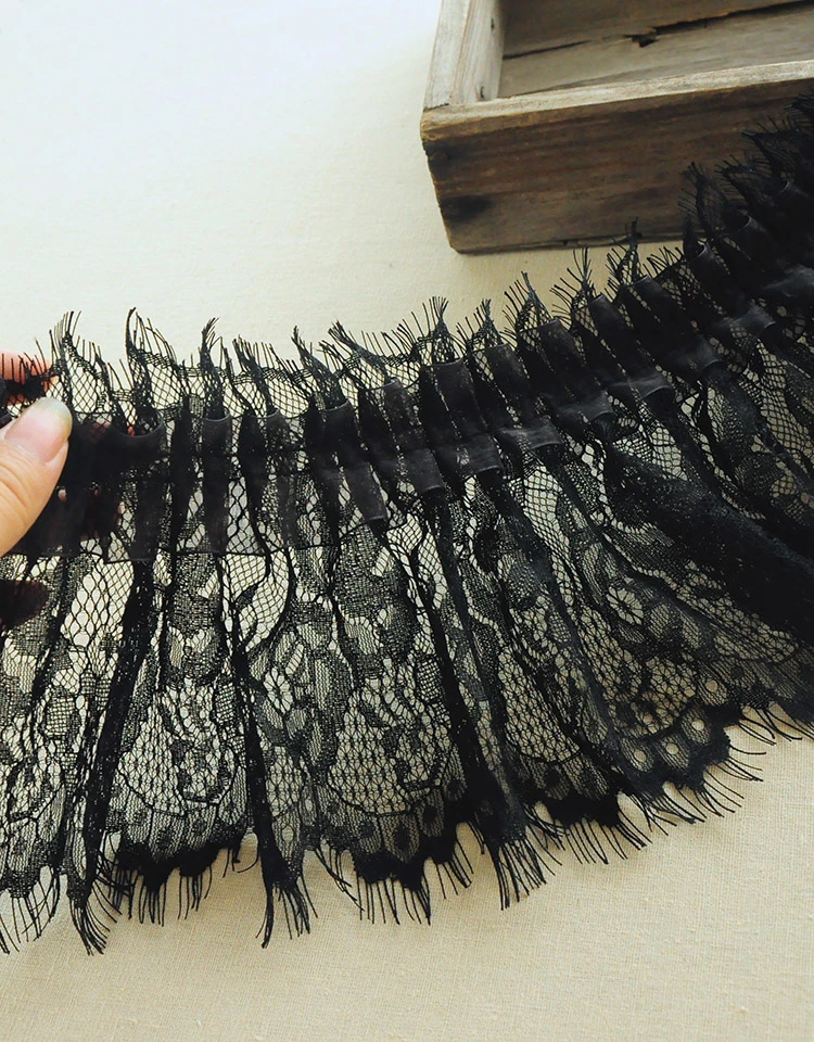 Description Picture 4 of item15CM Wide Black Organza Eyelash Fringed Lace Ruffle Trim Ribbon Women Dress Collar Skirts Splicing Material Sewing Tassel Decor