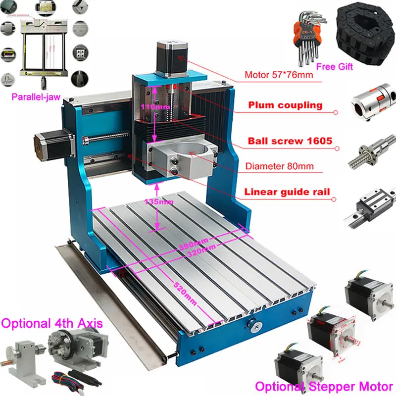 

4 Axis CNC 3040 Frame Kit Linear Guideway Rail Type with NEMA 23 Stepper Motor 80mm Spindle Holder for DIY Engraving Machine