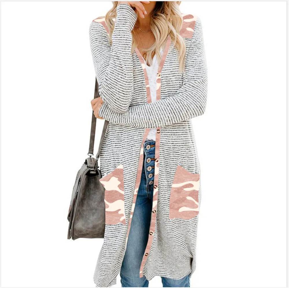 

Womens Coat Cardigan Striped Printed Single Breasted Leopard Pocket Long Sweater Coats Office Ladies Plus Size Kitted Outerwear