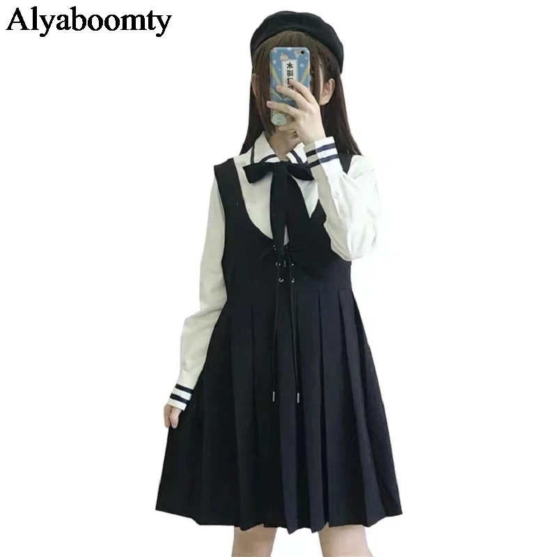 

Japanese Preppy Style Autumn Women Pleated Sundress Harajuku Black Bandage Mini JK Dress Sleeveless Cute Kawaii School Uniform