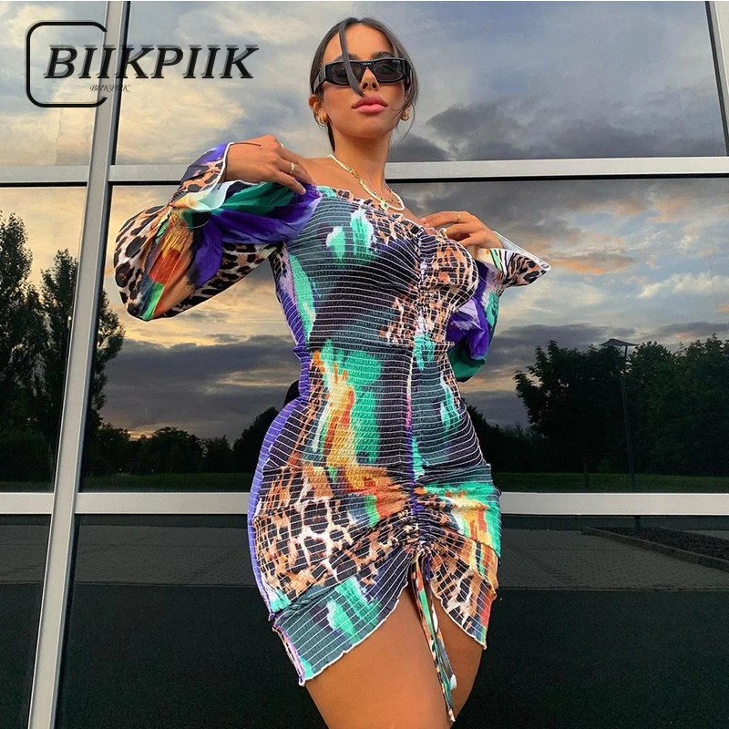 

BIIKPIIK Leopard Print Shirring Mini Dress Elegant Sexy Slash Neck Long Sleeve Dress Women Bodycon Party Clubwear Outfits Casual