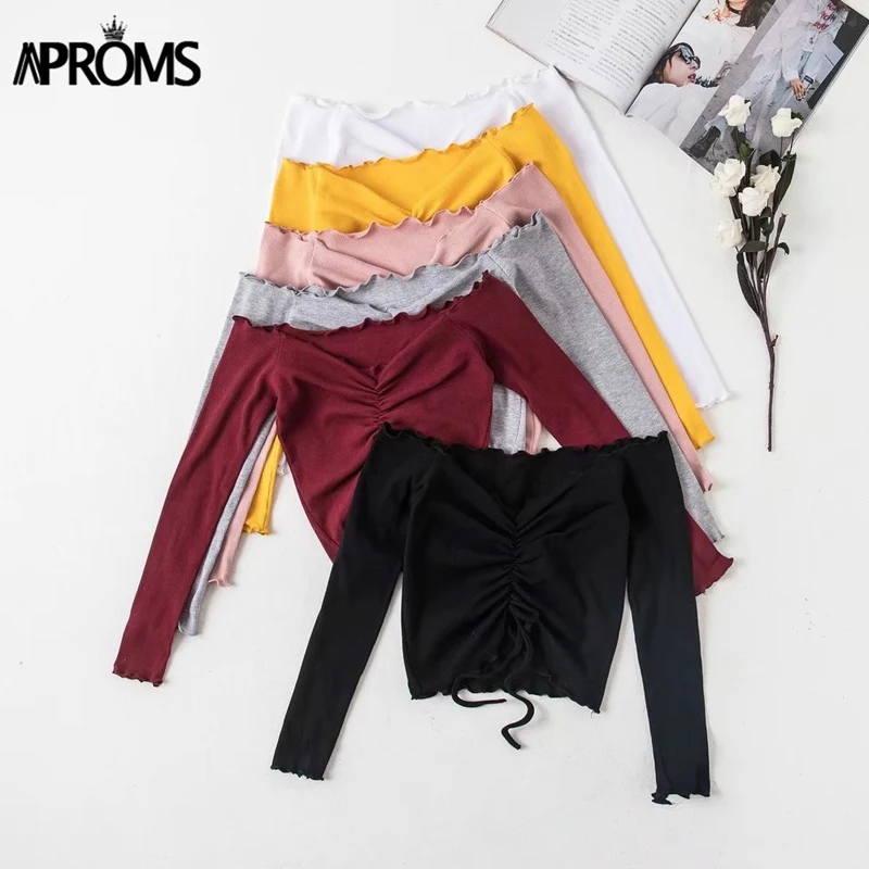 Aproms ребристая футболка с открытыми плечами и завязками женская короткая длинным