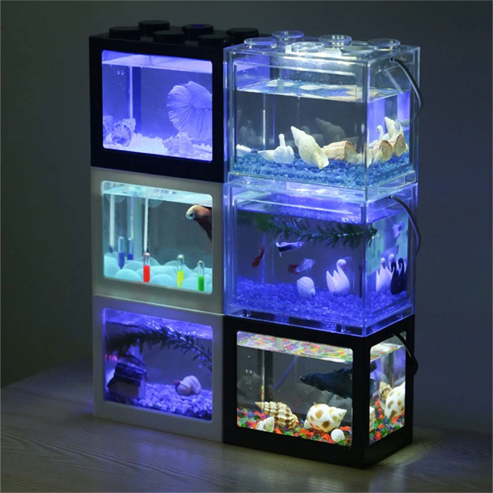 5 Mini Bettas Fish Tank LED Aquarium Mini Fish Bowls Block Reptile Box USB Charger Office Table Decoration Ocean Betta Turtle Box