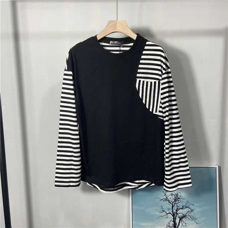 

Spring And Autumn Men's Long Sleeve T-Shirt New Round Neck Long Sleeve T-Shirt Korean Fashion Zebra Stripe Stitching Design Top