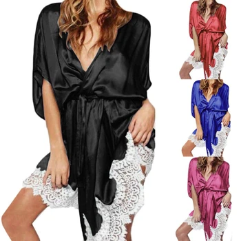 Women Summer Sleepwear Medium Long Section Lace Home Sexy Loose Bathrobe Ladies Short Sleeves Faux Silk Pajamas 
Women Summer Sleepwear Medium Long Section Lace Home Sexy Loose Bathrobe Ladies Short Sleeves Faux Silk Pajamas