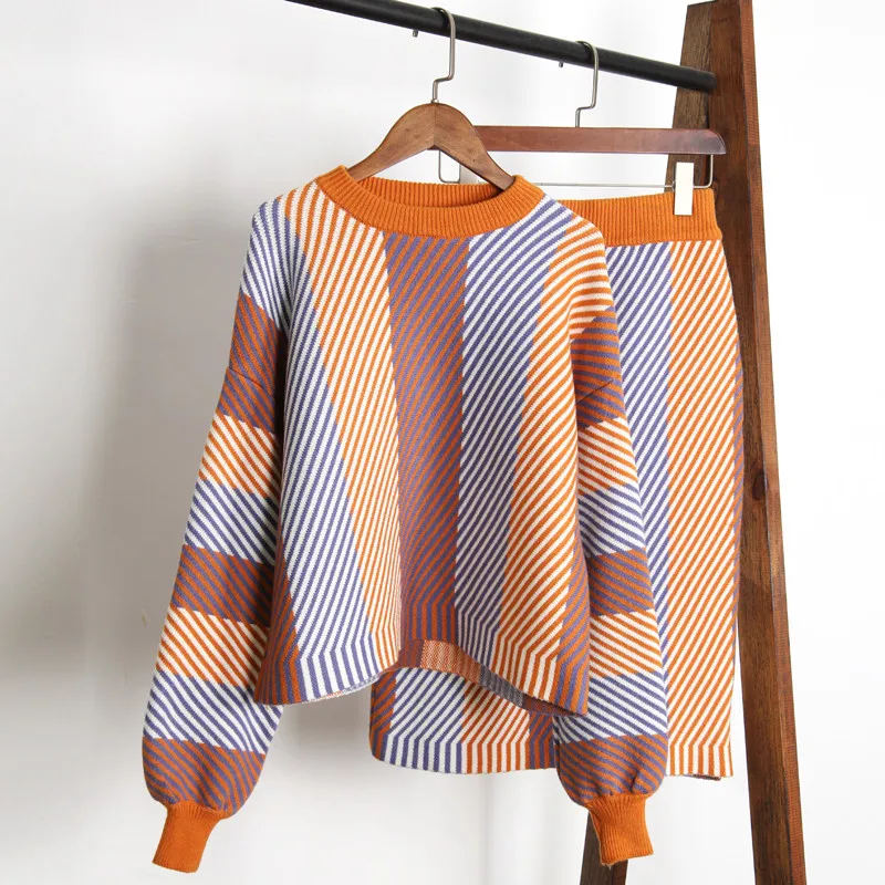 High Quality Fashion Fall Winter New Lantern Sleeve Colorful Striped Sweater Skirt Suits Female Thicken Knitted Sets Outfits
High Quality Fashion Fall Winter New Lantern Sleeve Colorful Striped Sweater Skirt Suits Female Thicken Knitted Sets Outfits