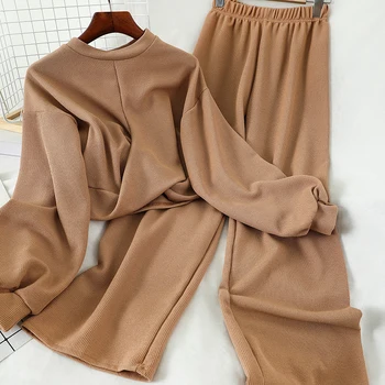 New Spring and Autumn Loose Short Knitwear Top + High Waist Wide Leg Pants Two Piece Set Women Outfits Casual Knitting Trousers