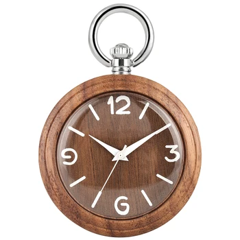 

Concise Natural Walnut Case Pocket Watches for Men Large Dial Silver Rough Chain Pendant Watch Necklace Women relogio de bolso