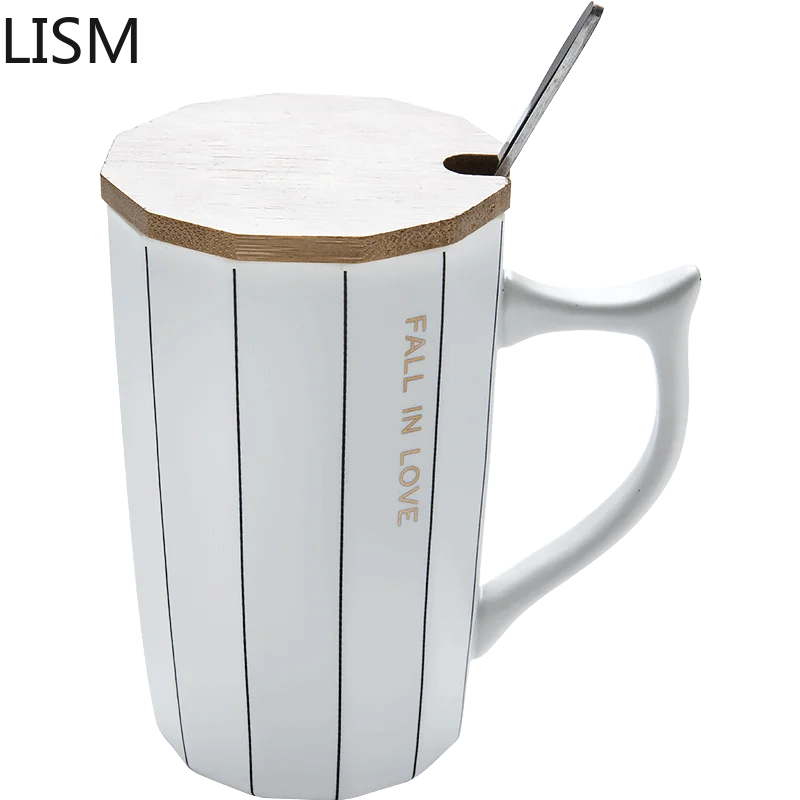 

Modern Simple Coffee Tea Mug Nordic Wooden with Lid with Spoon Ceramic Mug for Couple Large Enamel Mug Milk Mugs Tazas Para Cafe