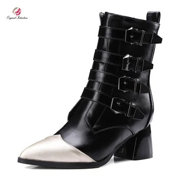 Original Intention Mixed Color Black Gray Silver Pointed Toe Ankle Boots Woman Stylish Round Heels Quadruple Buckles Plus Size 
Original Intention Mixed Color Black Gray Silver Pointed Toe Ankle Boots Woman Stylish Round Heels Quadruple Buckles Plus Size