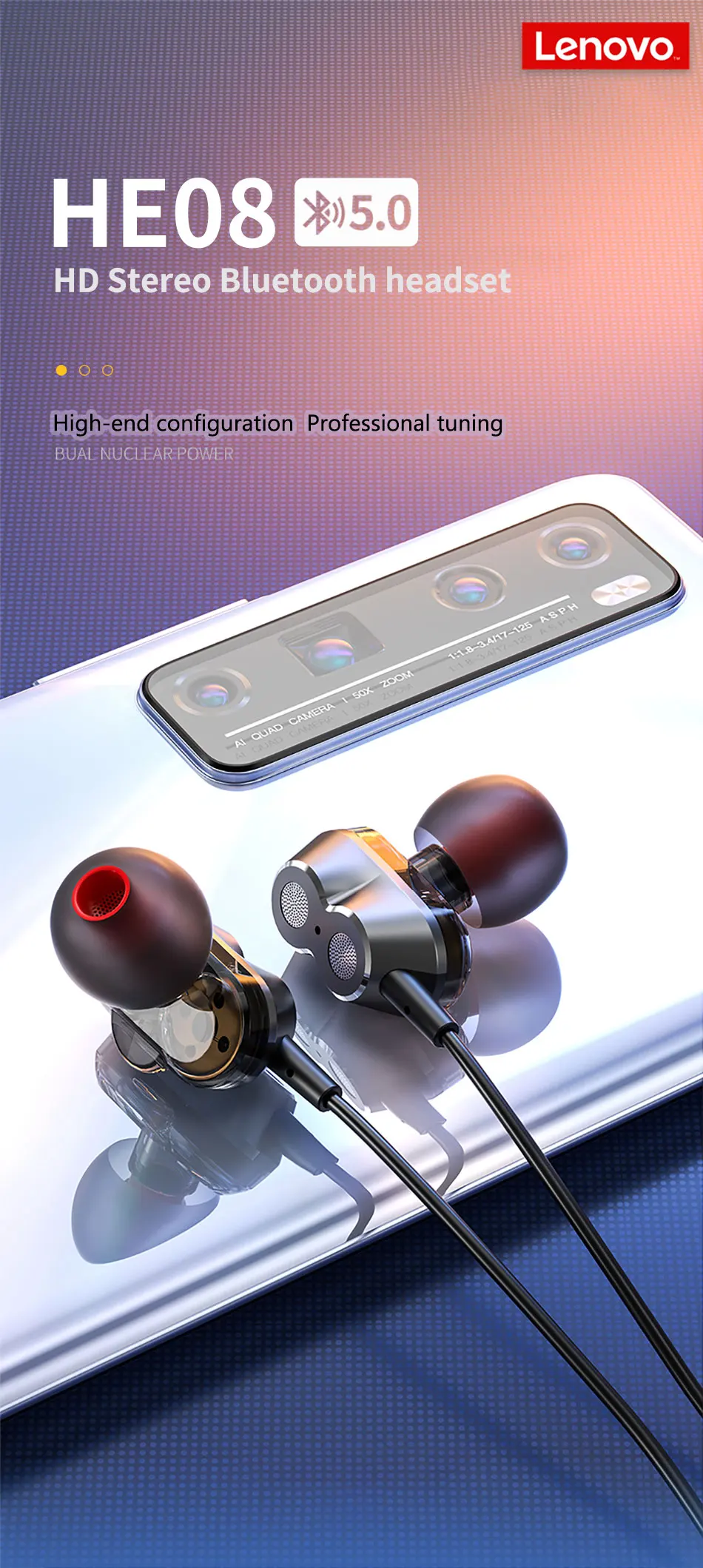 Gadgetoo Lenovo He08 Dual Dynamic Neckband Wireless In Ear Earphones