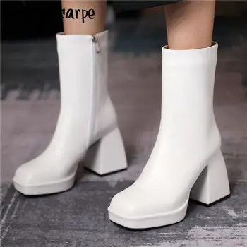 Real Leather Ankle Boots Short Black White Shoes Winter Ladies Platform Boots Chunky High Heel Botas Mujer Zipper Heel Shoes New
Real Leather Ankle Boots Short Black White Shoes Winter Ladies Platform Boots Chunky High Heel Botas Mujer Zipper Heel Shoes New