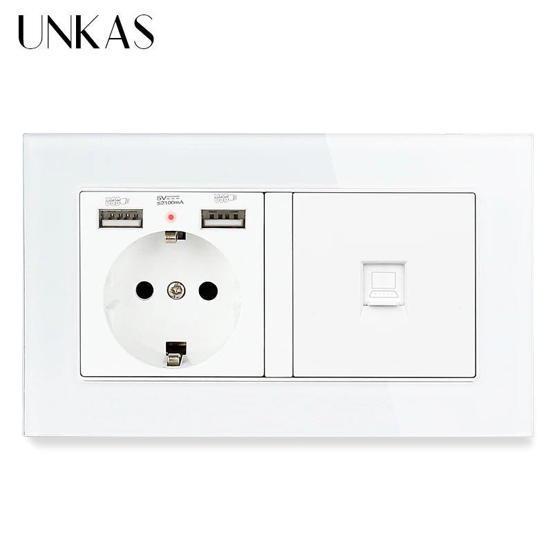 UNKAS Серый роскошный Стекло Панель настенная розетка стандарта ЕС 2 USB зарядка