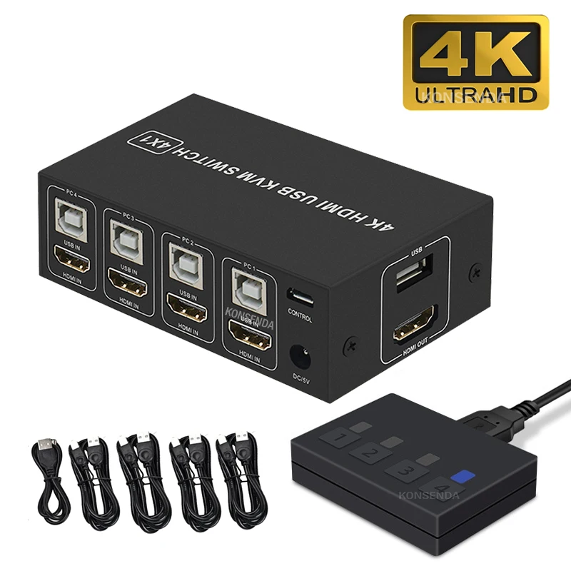 4K HDMI KVM Switch 4 Port USB Switcher 4x1 4kX2K/60HZ HDCP 2.2 with Desktop controller for PC laptop windows&macs | Электроника