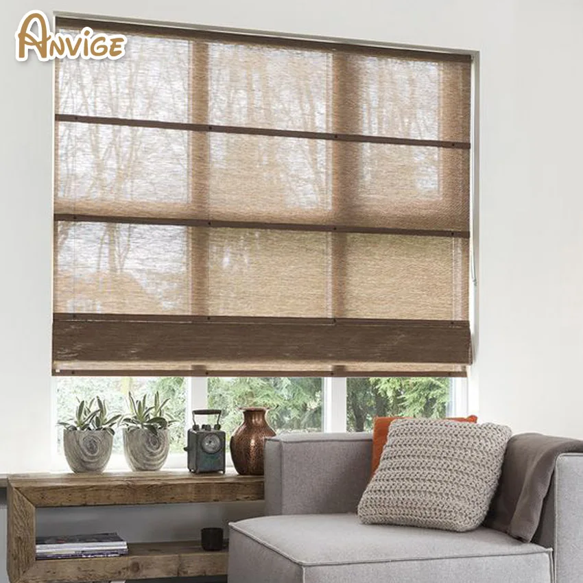 

Modern Motorized Soild Cotton Linen Coffee Color Flat Roman Shades Customized Roman Blinds With Installation Included