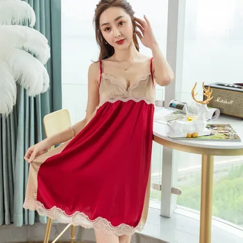 Contrast Color Backless Lace Women's Nightdress Summer Imitation Silk Strap V-neck Loose Satin Nighty Multicolor for Choose 
Contrast Color Backless Lace Women's Nightdress Summer Imitation Silk Strap V-neck Loose Satin Nighty Multicolor for Choose