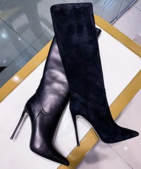 

Moraima Snc Pointed Toe Knee High Boots Black Suede Thin Heels Riding Boots Runway Fashion Shoes Long Boots