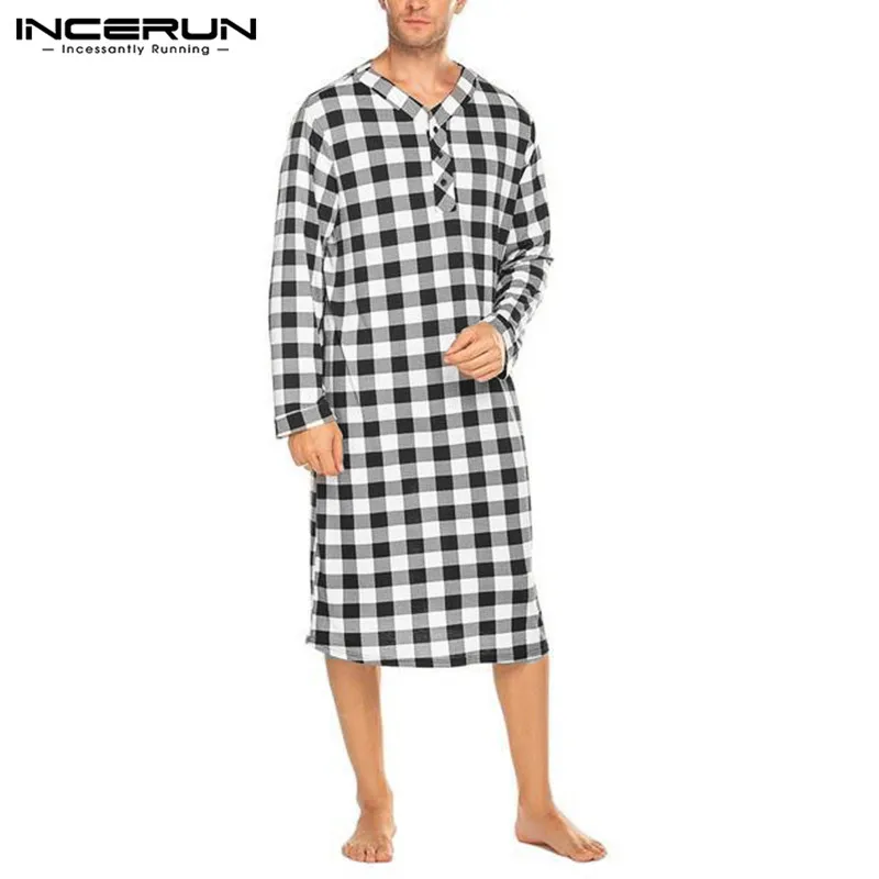 2020 New Men Plaid Sleep Robes Sleepwear Men Fashion Soft Loose Long Sleeve V Neck Button Nightgowns Casual Long Pajamas INCERUN 2020 New Men Plaid Sleep Robes Sleepwear Men Fashion Soft Loose Long Sleeve V Neck Button Nightgowns Casual Long Pajamas INCERUN