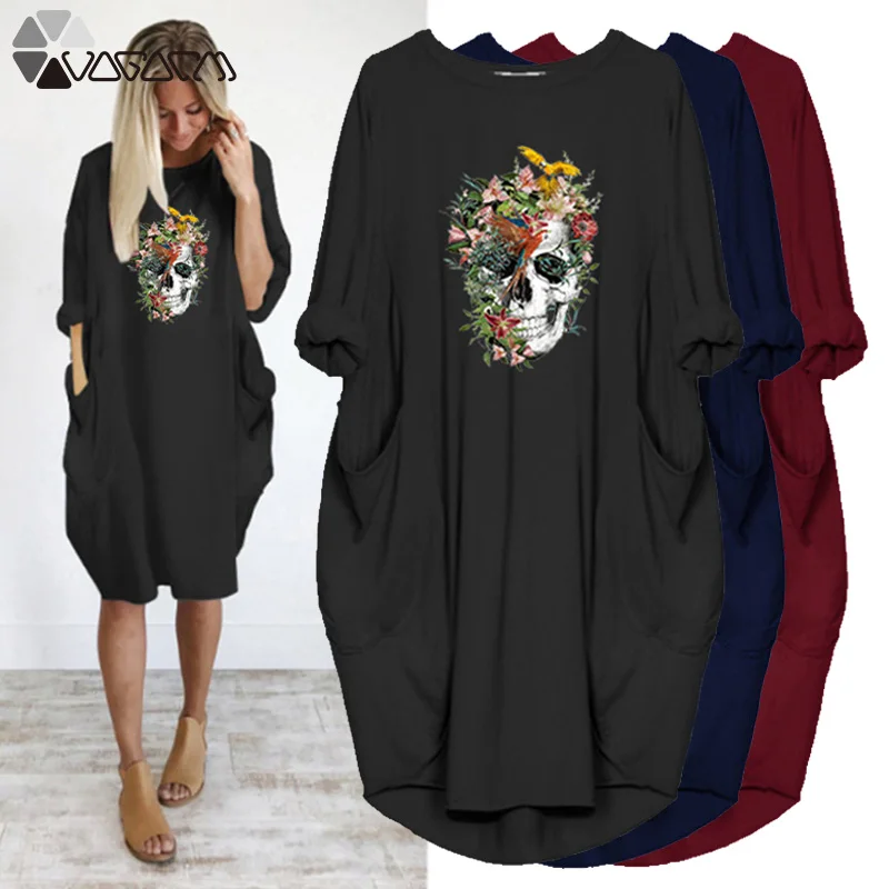 Loose Female Dress Plus Size Retro Skull Print Long Sleeve O Neck Pocket Casual Streetwear Fashion Midi Dresses Vestidos Robes
Loose Female Dress Plus Size Retro Skull Print Long Sleeve O Neck Pocket Casual Streetwear Fashion Midi Dresses Vestidos Robes