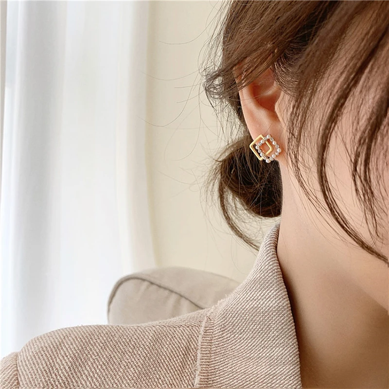 New Women's earrings Double square pearl Stud eardrop earring for women jewelry fashion female korean cherry | Украшения и