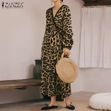 Leopardo sexy impreso vestido largo Maxi ZANZEA mujer Casual manga larga túnica camisa Vestidos bohemios Vestidos bolsillos bata Mujer(China)