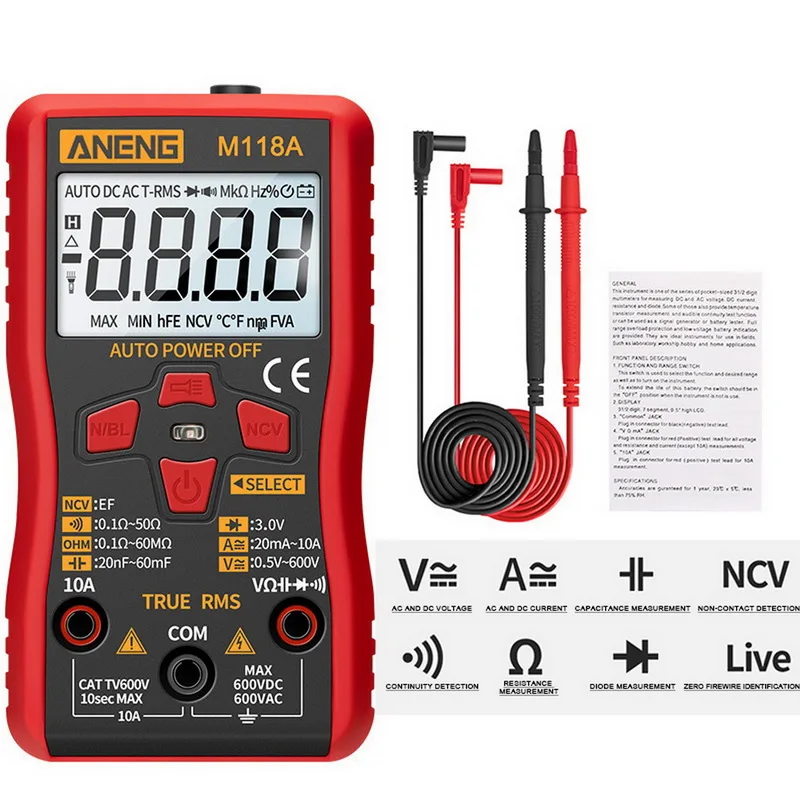 Digital Multimeter NCV Volt Meter Auto-Ranging Measures Voltage Current Resistance Capacitance Continuity Tests Diodes
Digital Multimeter NCV Volt Meter Auto-Ranging Measures Voltage Current Resistance Capacitance Continuity Tests Diodes