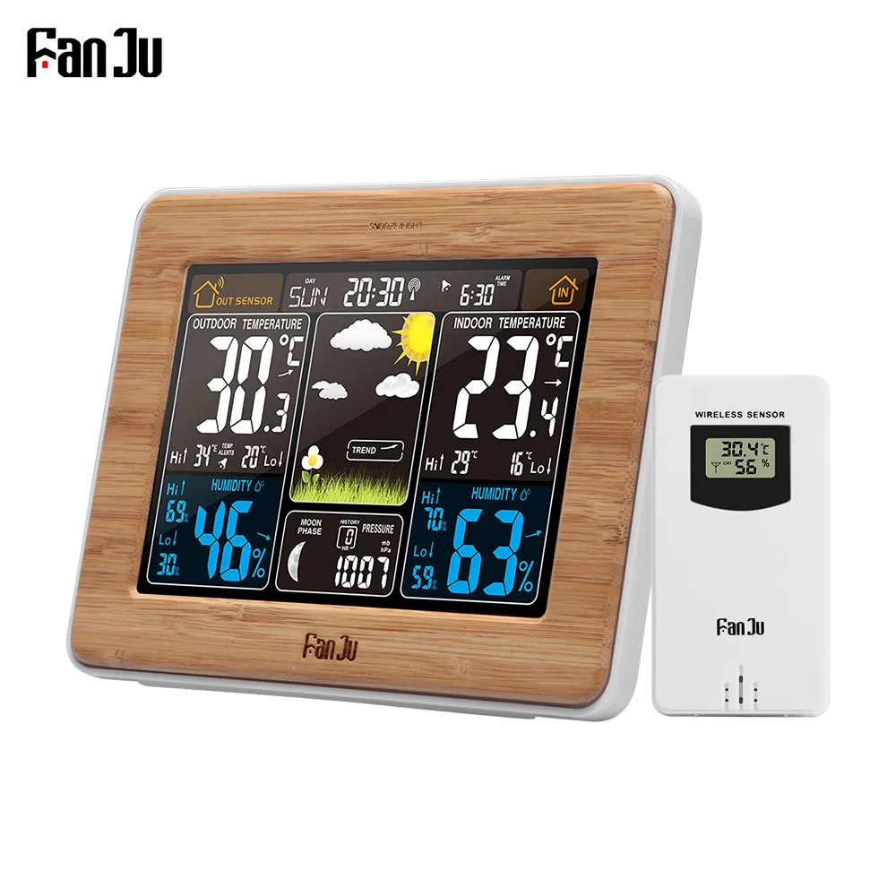 FanJu Color Weather Station Indoor/Outdoor Temperature Humidity Barometer Thermometer Hygrometer Clocks Weather Forecast
FanJu Color Weather Station Indoor/Outdoor Temperature Humidity Barometer Thermometer Hygrometer Clocks Weather Forecast