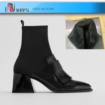 2020 Winter Boots Patent Leather Tassels Sock Boots Slim Stretch Lycra Ankle Boots for Women Patchwork Women Boots High Heels
2020 Winter Boots Patent Leather Tassels Sock Boots Slim Stretch Lycra Ankle Boots for Women Patchwork Women Boots High Heels