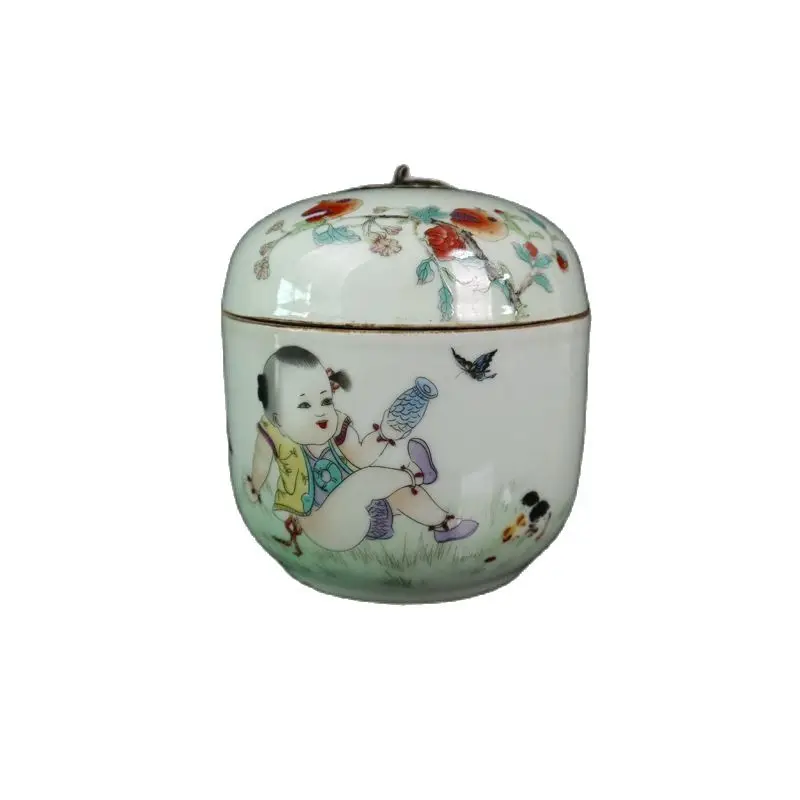 

Chinese Old Porcelain Pastel Baby Play Pattern Jar Receiving Tank Cover Can