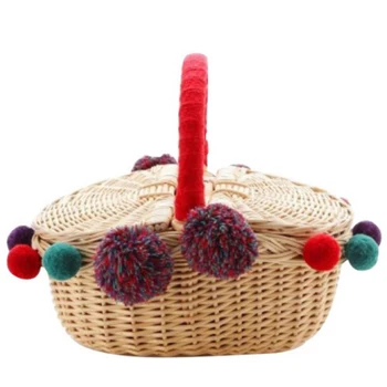 Storage Basket Handmade Wicker Basket with Handle Double Lids and Colorful Pom Poms Camping Picnic Organizer
Storage Basket Handmade Wicker Basket with Handle Double Lids and Colorful Pom Poms Camping Picnic Organizer
