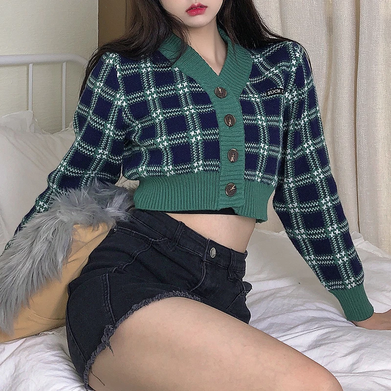 Preppy Style Argyle Knitted Long Sleeve Cardigan Sweaters Women 2020 Autumn Winter Y2K Crop Tops Vintage Plaid 90s Knitwear
Preppy Style Argyle Knitted Long Sleeve Cardigan Sweaters Women 2020 Autumn Winter Y2K Crop Tops Vintage Plaid 90s Knitwear