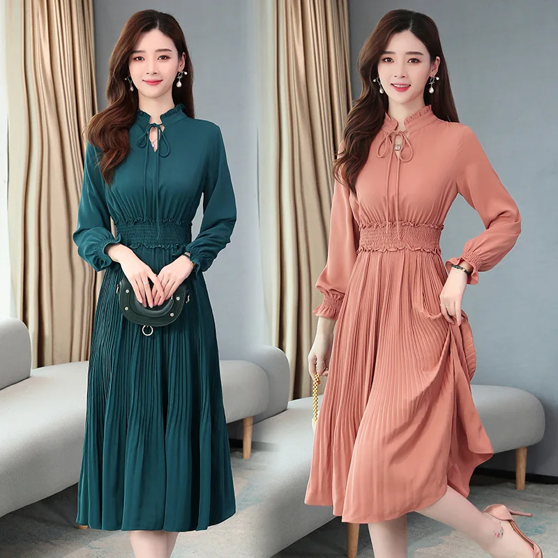 2020 Spring And Summer New Style Waist Hugging Dress Women's Mid-length Elegant Stand Collar Long Sleeve Pleated A- line Skirt
2020 Spring And Summer New Style Waist Hugging Dress Women's Mid-length Elegant Stand Collar Long Sleeve Pleated A- line Skirt