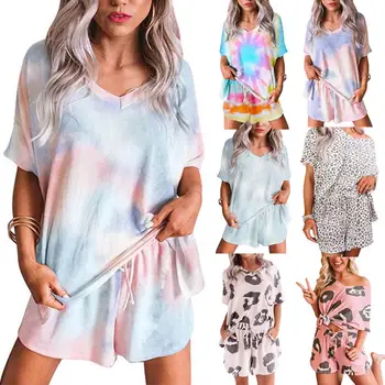 Women Tie Dye V Neck Short Sleeve Loose T-shirt Blouse Shorts Sleepwear Set Women Pajamas Sets одежда для женщин лето
Women Tie Dye V Neck Short Sleeve Loose T-shirt Blouse Shorts Sleepwear Set Women Pajamas Sets одежда для женщин лето