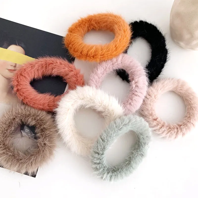 1PC Women Girls Candy Color Soft Faux Fur Scrunchie Fluffy Hair Ring Winter Cute Sweet Rubber Bands Hair Ties Hair Accessories