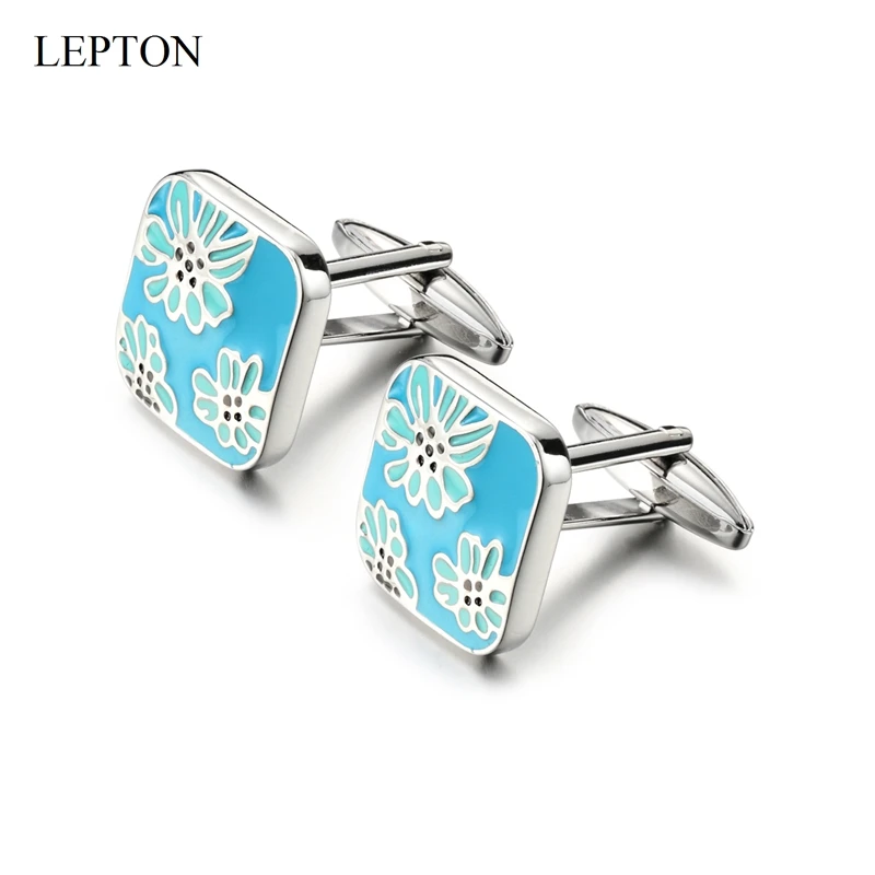 

Newest Flower design Enamel Cuff Links Lepton Brand Square Blue Enamel CuffLinks For Mens Shirt Cuffs Cufflink Relojes gemelos