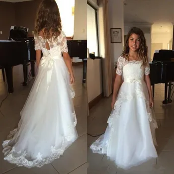White Ivory Lace Short Sleeve Flower Girls Dresses Applique Lace First Communion Gown Girls Pageant Dress vestidos de desfile
White Ivory Lace Short Sleeve Flower Girls Dresses Applique Lace First Communion Gown Girls Pageant Dress vestidos de desfile