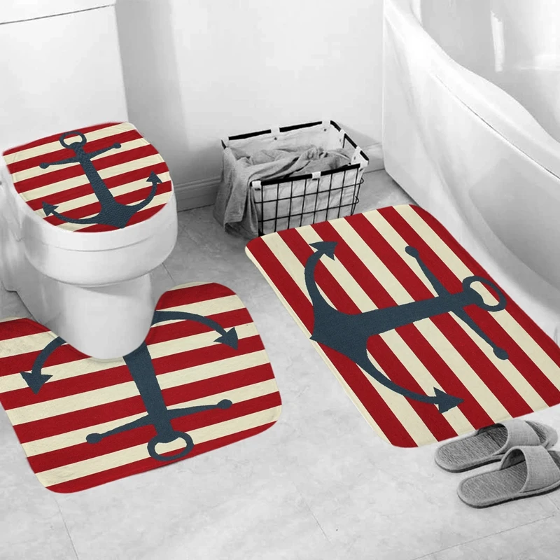 

Bathroom Antiskid Carpet Set Anchor Geometry Blue Stripe Print Arrow Doormat Nonslip Rug Soft Bath Mat Flannel Toliet Seat Cover