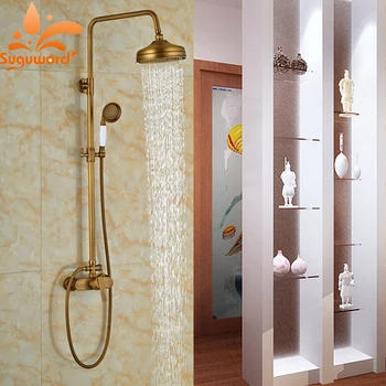 Antique Brass Shower Mixer Set Bath Shower Mixer Tap Rainfall Shower Head Exposed Shower System with Handshower 
Antique Brass Shower Mixer Set Bath Shower Mixer Tap Rainfall Shower Head Exposed Shower System with Handshower