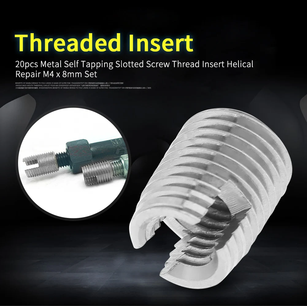 Thread Repair Insert 20pcs Metal Self Tapping Slotted Screw Thread Insert Helical Repair M4 x 8mm Set hex nut Threaded Insert